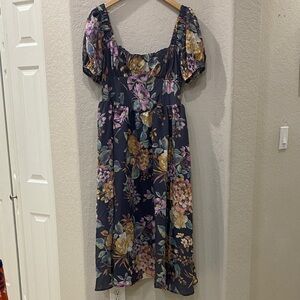 Lulus Floral Puff Sleeve Midi Dark Grey Dress Size XL